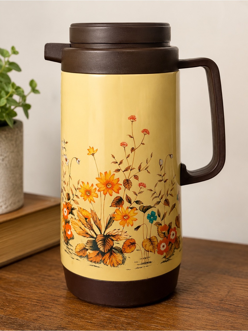 Vintage Floral Thermos Carafe Retro 1970s Brown & Cream Insulated Coffee Server
